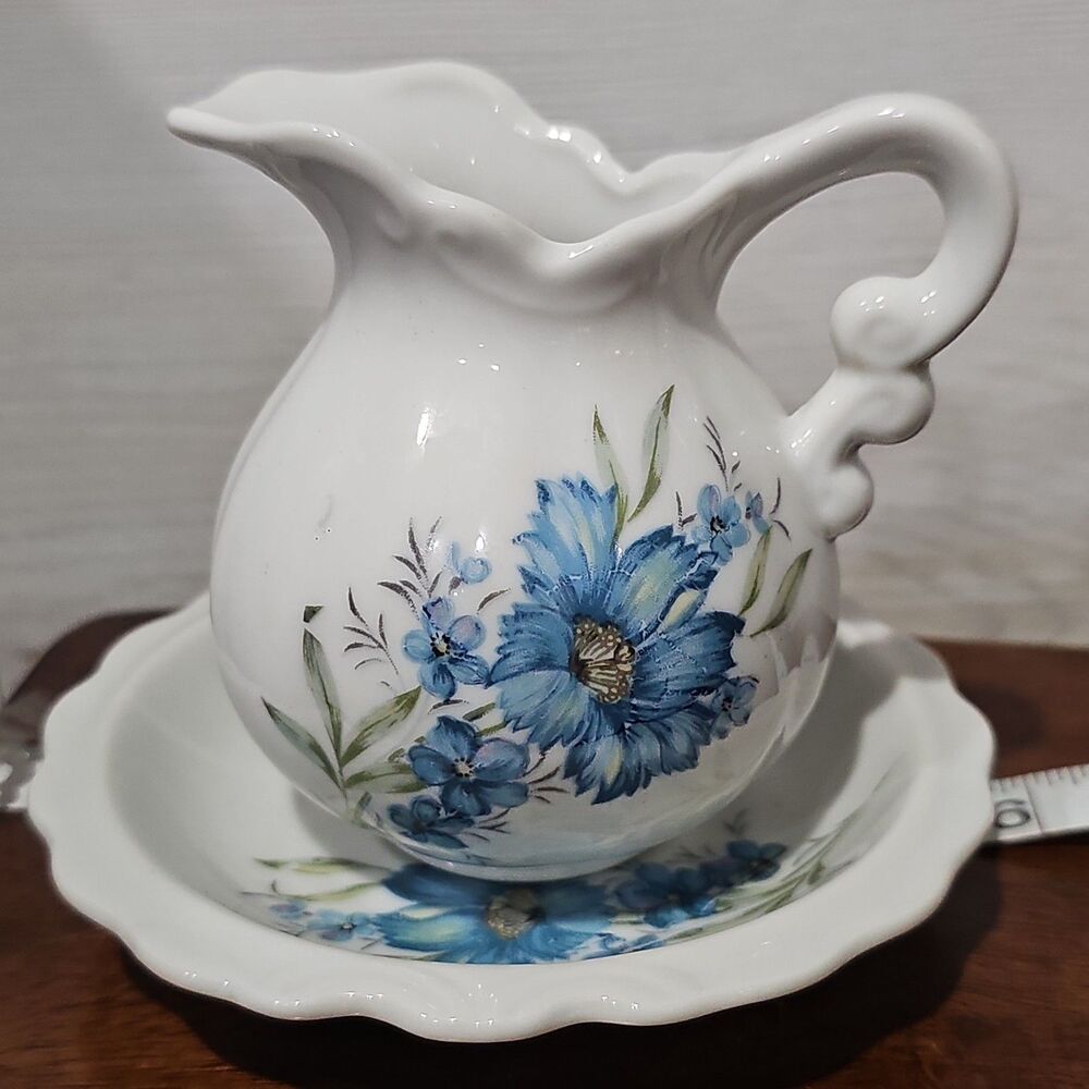Vintage Inarco Japan Blue Floral Miniature Pitcher & Basin Set E-4543 Hand-paint
